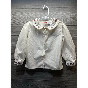 Vintage McKids 90s Blouse Cream Blue Red Floral Peter Pan Collar Size Small Girl